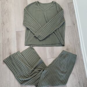 Olive Green Ribbed Knit Lounge Set